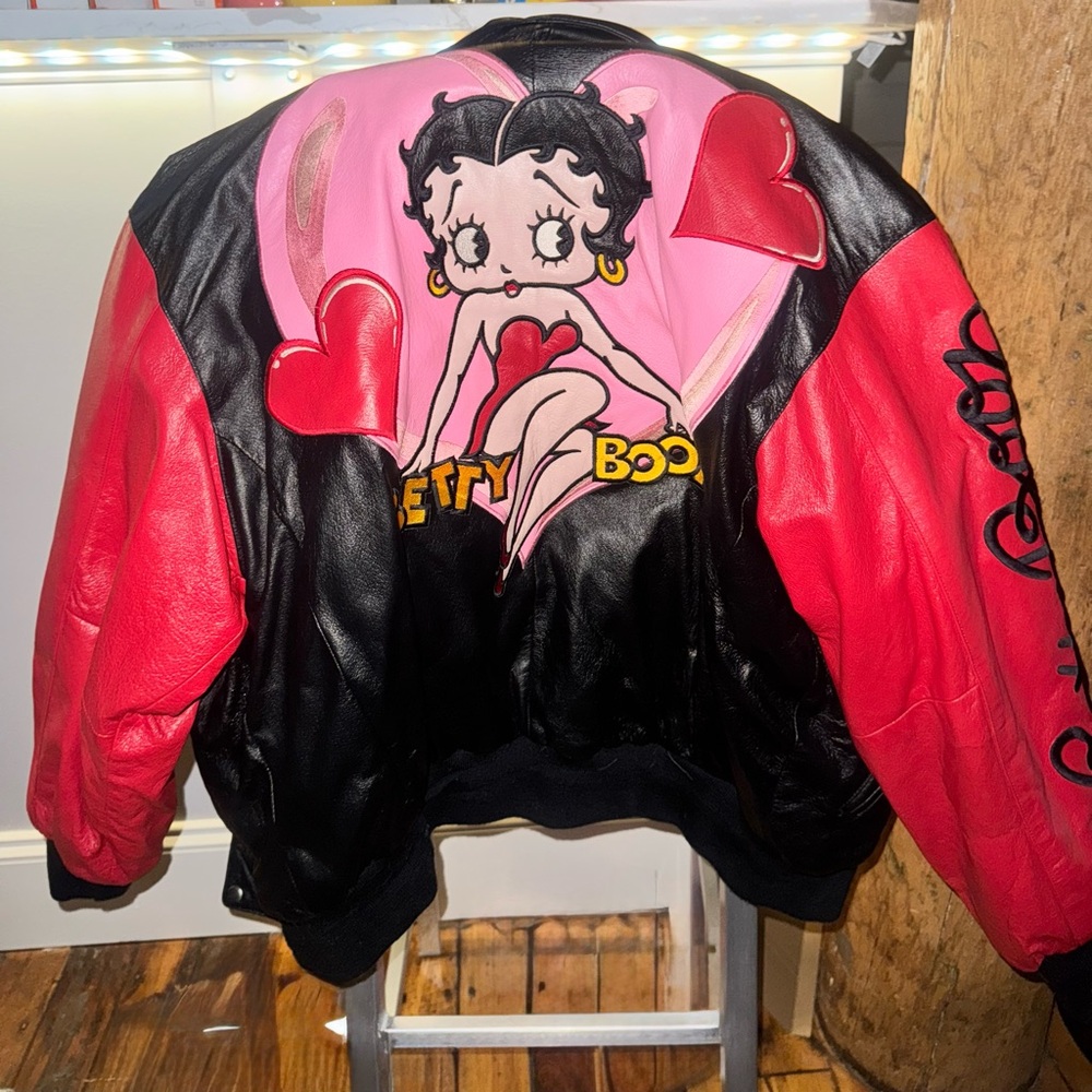 Red and Black Leather Jacket with Betty Boop Graphic